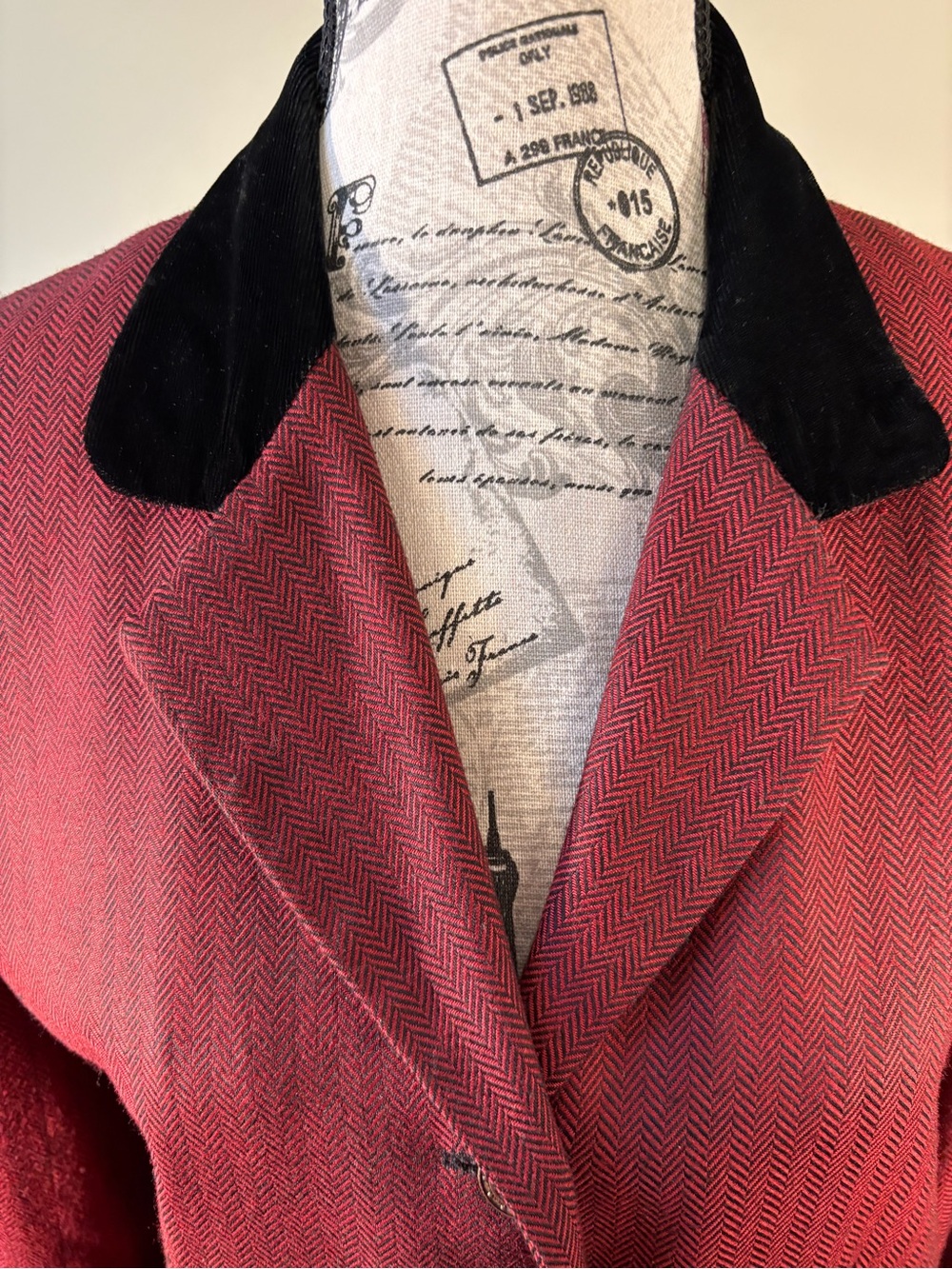 Vintage CHAUS Burgundy Herringbone Blazer Jacket with Black Velvet Accents - Picture 3 of 10